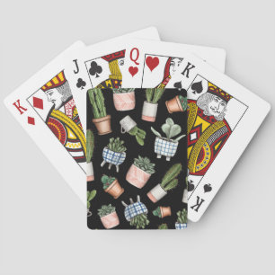 Watercolor Home Plants Black Seamless Playing Cards