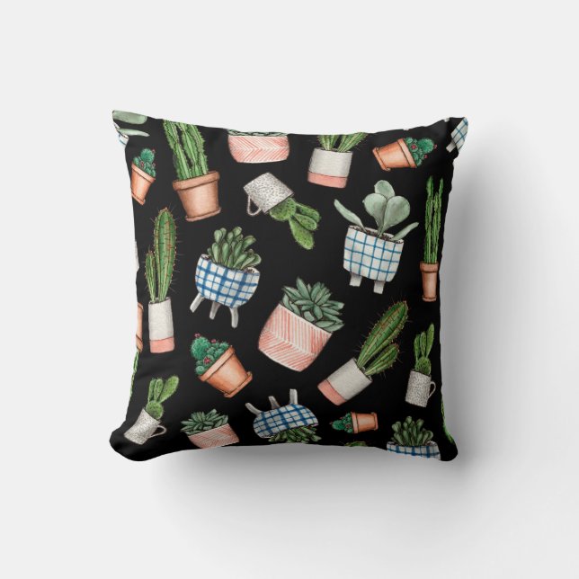 Watercolor home plants seamless pattern throw pillow (Front)