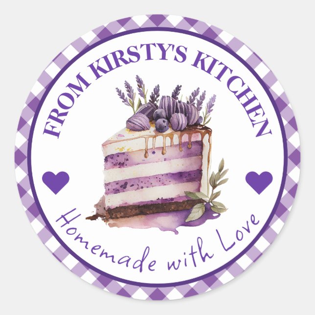 Watercolor Homemade Gingham Lavender Cake Label (Front)
