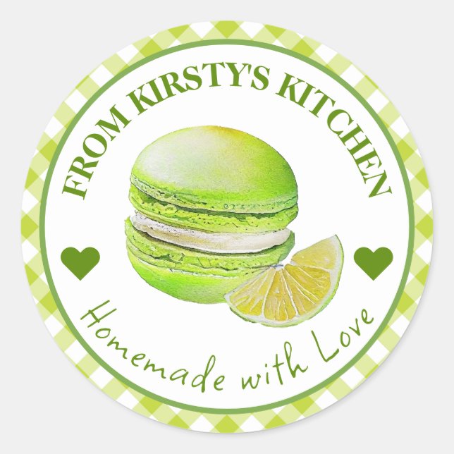 Watercolor Homemade Gingham Lime Macaroon Label (Front)