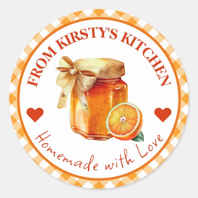 Watercolor Homemade Gingham Orange Jam Label (Front)