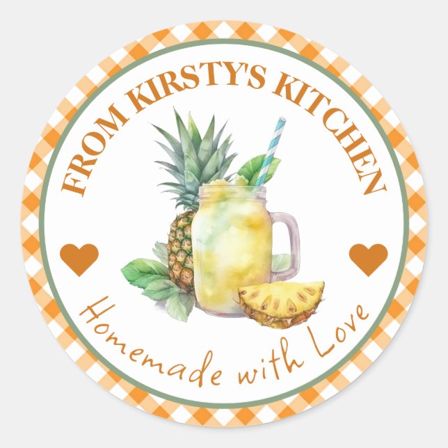 Watercolor Homemade Gingham Pineapple juice Label (Front)