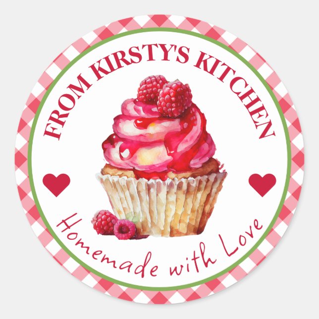 Watercolor Homemade Gingham Raspberry Cake Label (Front)