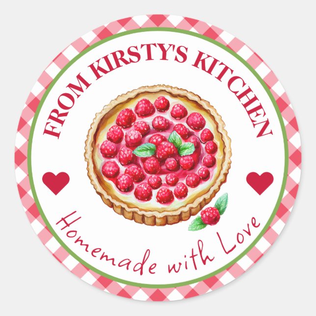 Watercolor Homemade Gingham Raspberry Pie Label (Front)