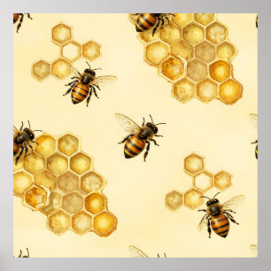 Watercolor Honey Bee Honeycomb Pattern Poster