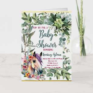 Watercolor Horse and Botanical Baby Shower Invite Foil Greeting Card