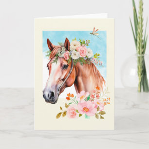 Watercolor Horse and Flowers Greeting Card