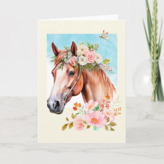 Watercolor Horse and Flowers Greeting Card