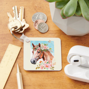 Watercolor Horse and Flowers  Keychain