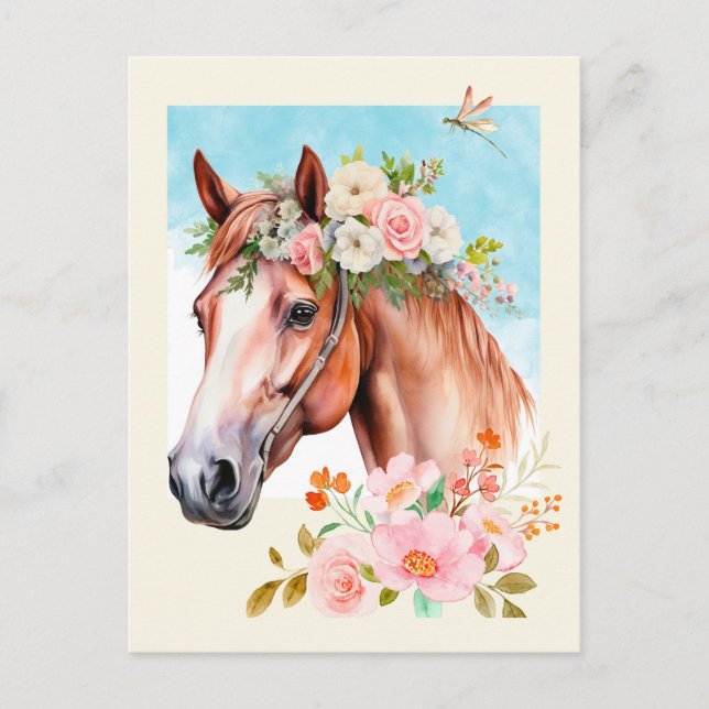 Watercolor Horse and Flowers Postcard (Front)