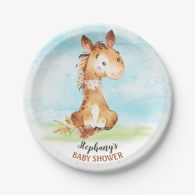 Watercolor Horse Baby Shower Farm Paper Plate (Front)
