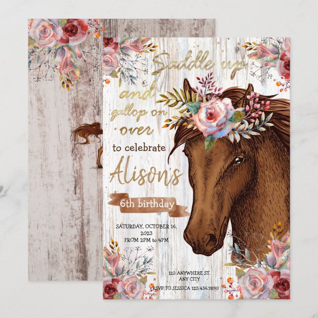 Watercolor horse birthday Cowgirl party Invitation (Front/Back)
