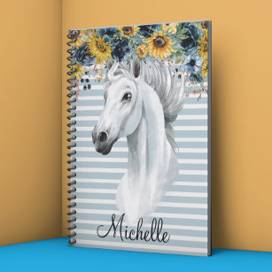 Watercolor Horse Head with Sunflower Name custom Notebook