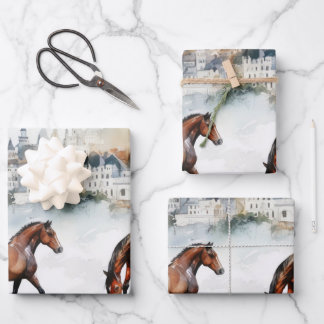 Watercolor Horse Portrait with Pastel Background Wrapping Paper Sheet