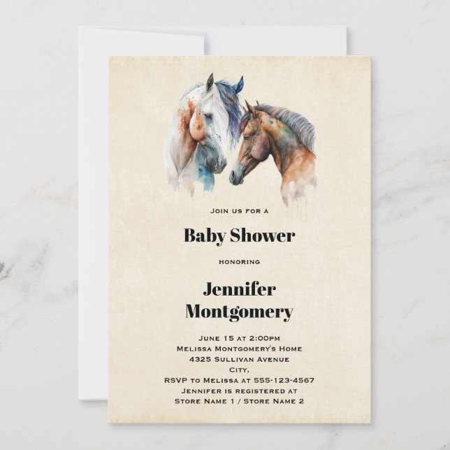 Watercolor Horses Boho Dripping Paint Baby Shower Invitation (Front)