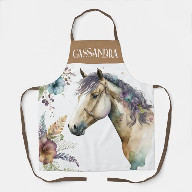 Watercolor horses head boho flowers name elegant apron (Front)