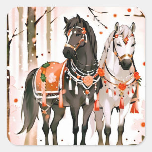 Watercolor Horses in Fall Foliage: Cozy Autumn Art Square Sticker