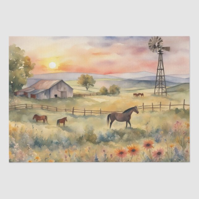 Watercolor Horses in Field of sunflowers Tissue Paper (Front)