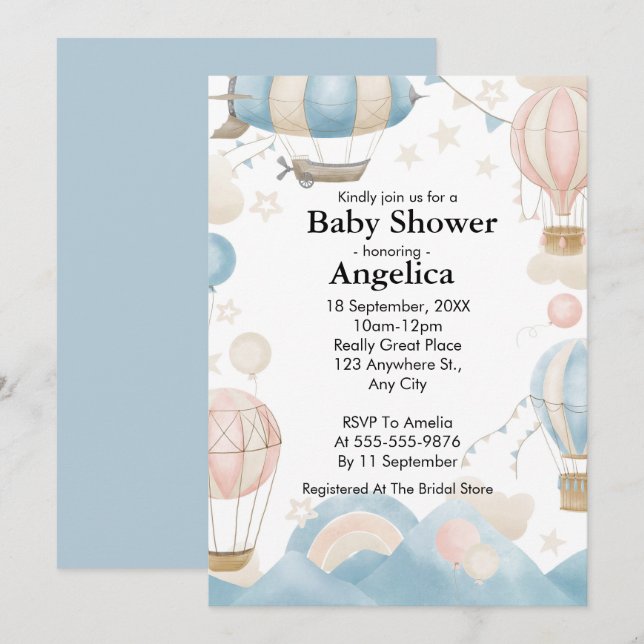 Watercolor Hot Air Balloon Baby Shower  Invitation (Front/Back)