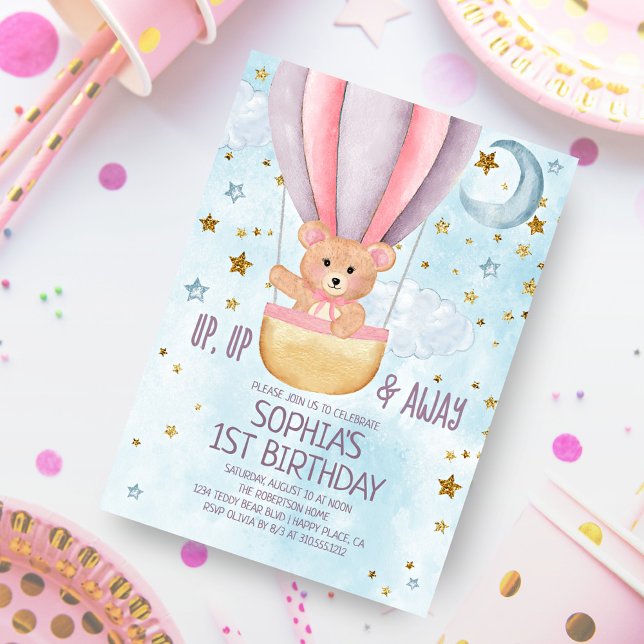 Watercolor Hot Air Balloon Bear Girl Birthday Invitation (Creator Uploaded)