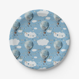 Watercolor Hot Air Balloon Blue // Kid’s Birthday Paper Plate