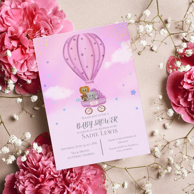 Watercolor Hot Air Balloon Cute Baby Shower Girl  Invitation (Creator Uploaded)
