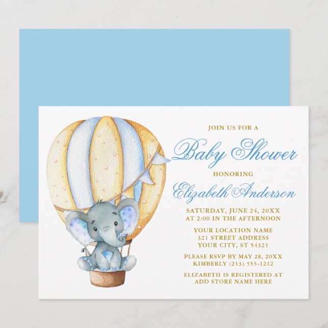 Watercolor Hot Air Balloon Elephant Baby Shower Invitation (Front/Back)
