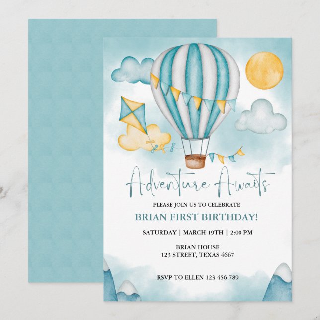 Watercolor Hot Air Balloon Invitation Anniversaire (Devant / Derrière)