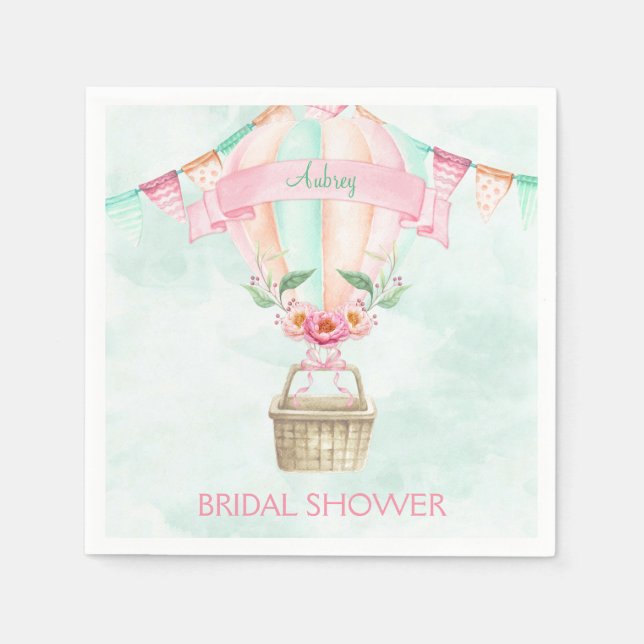 Watercolor Hot Air Balloon Mint Pink Peach Napkin (Front)