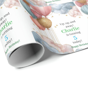 Watercolor Hot Air Balloons and Glitter Clouds Wrapping Paper
