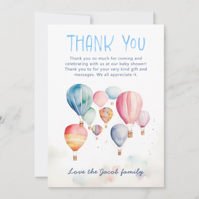 Watercolor hot air balloons baby shower thank you (Front)