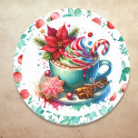 Watercolor Hot Cocoa, Candy Cane  Cinnamon Sticks Classic Round Sticker<br><div class="desc">Adorable whimsical Hot Cocoa with whipped cream,  candy canes,  sugar cookies,  and poinsettia holiday  Christmas stickers in a pretty watercolor style. Red and teal festive background.</div>