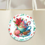 Watercolor Hot Cocoa, Candy Cane  Cinnamon Sticks Classic Round Sticker<br><div class="desc">Adorable whimsical Hot Cocoa with whipped cream,  candy canes,  sugar cookies,  and poinsettia holiday  Christmas stickers in a pretty watercolor style. Red and teal festive background.</div>