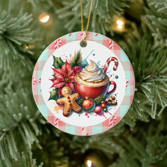 Watercolor Hot Cocoa, Candy Canes Christmas Ceramic Ornament (Tree)