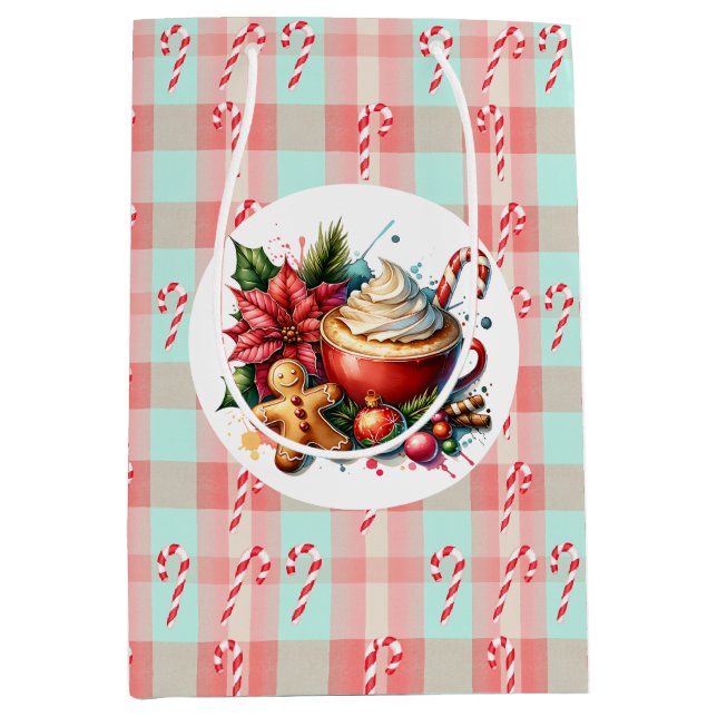 Watercolor Hot Cocoa, Candy Canes Christmas Medium Gift Bag (Front)