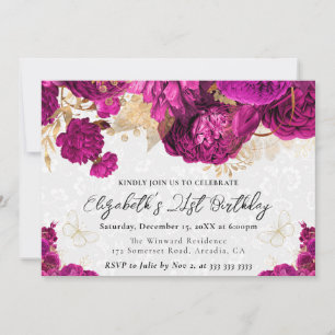 Watercolor Hot Pink and Gold Flowers 21st Birthday Invitation