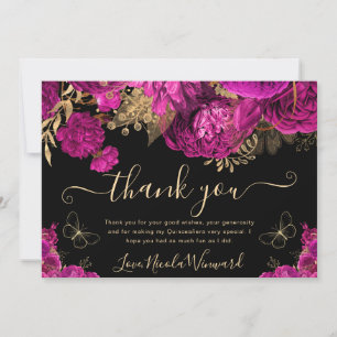 Watercolor Hot Pink and Gold Flowers Quinceanera Thank You Card