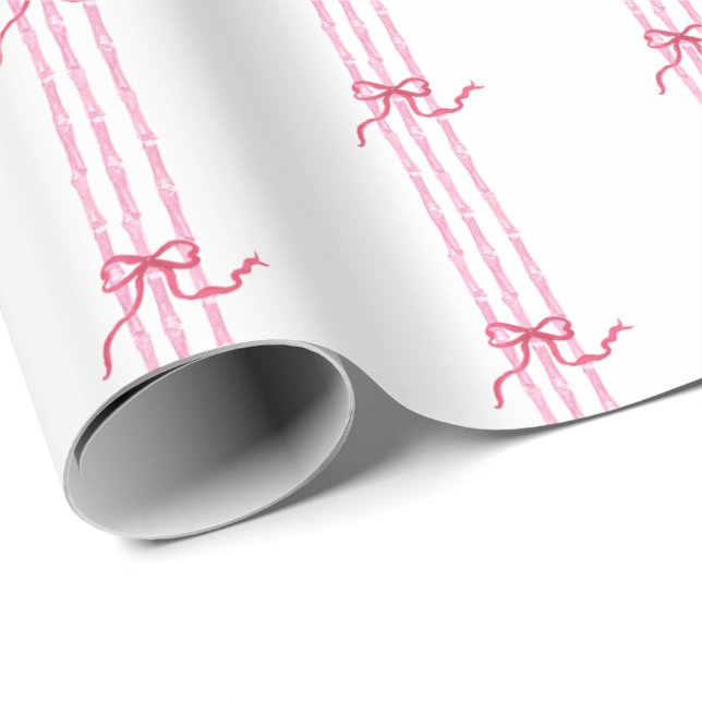 Watercolor Hot Pink Bows & Bamboo Wrapping Paper (Roll Corner)