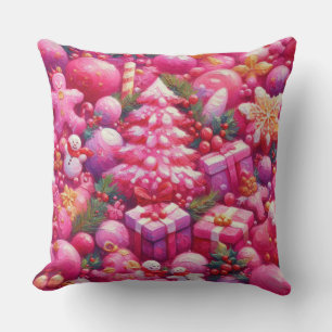 Watercolor Hot Pink Christmas Motifs Holiday Throw Pillow