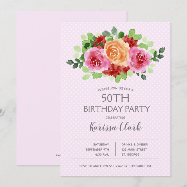 Watercolor Hot Pink Floral Birthday Invitations (Front/Back)