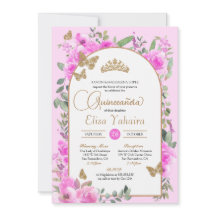 Watercolor Hot Pink Gold Butterfly Quinceañera