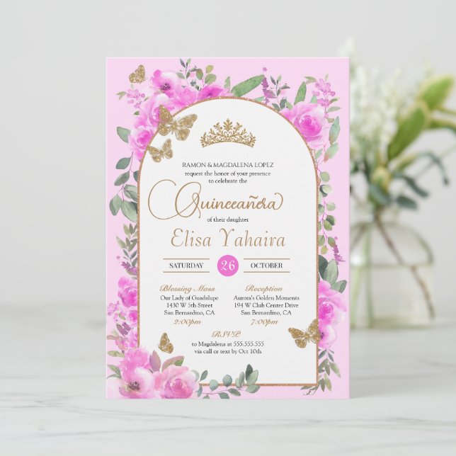 Watercolor Hot Pink Gold Butterfly Quinceañera Invitation (Standing Front)