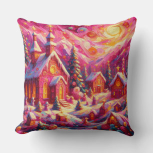 Watercolor Hot Pink House Christmas Motifs Holiday Throw Pillow