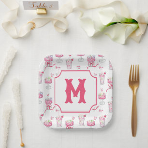 Watercolor Hot Pink Mahjong Cocktails Paper Plate