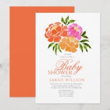 Watercolor Hot Pink Orange Floral Baby Shower