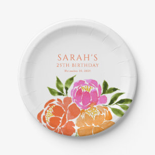 Watercolor Hot Pink Orange Floral Colourful Paper Plate