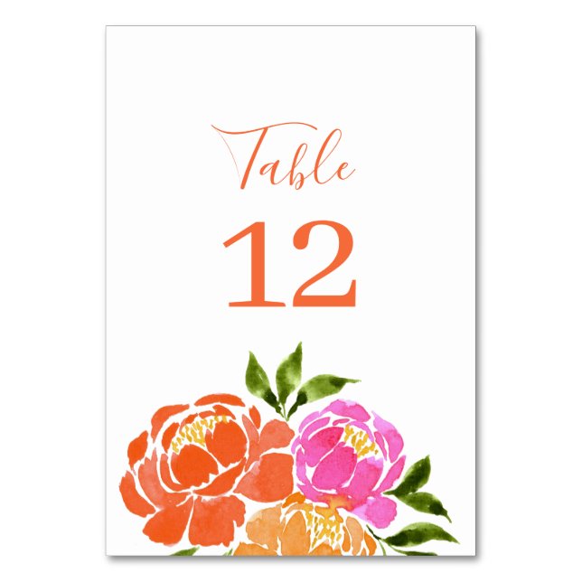 Watercolor Hot Pink Orange  Floral   Table Number (Front)