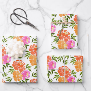 Watercolor Hot Pink Orange Floral  Wrapping Paper Sheet