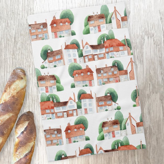 Watercolor House Home Art Kitchen Towel (Traditional watercolor houses, homes and cottages art kitchen tea towel)