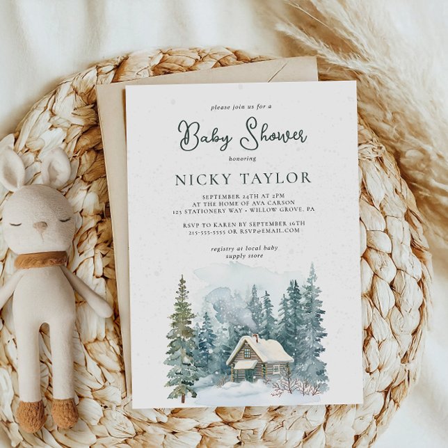 Watercolor House Pine Tree Snow Winter Baby Shower Invitation (Creator Uploaded)